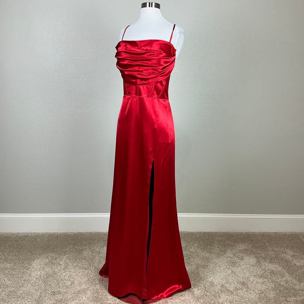 Blondie Nites Red Evening Gown Satin Backless Long Formal Column Dress Size 13 - Picture 6 of 12